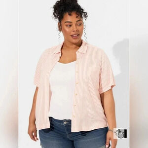 Torrid, Size 1X, Orange/White Button-Up Short-Sleeve Crop Blouse